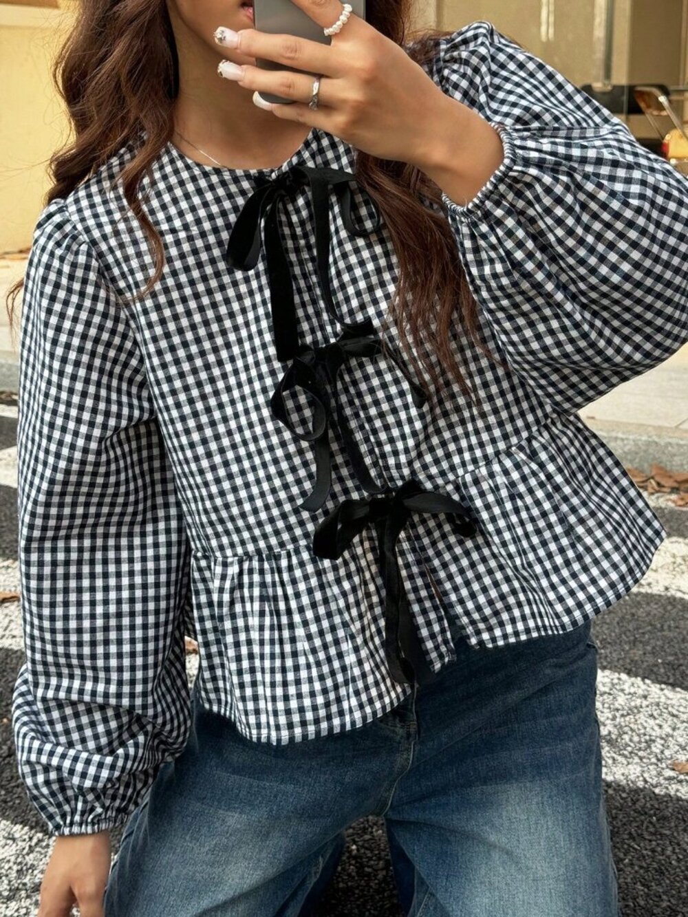Black And White Cute Women's Western Cowgirl Hippie Round Neck Blouse